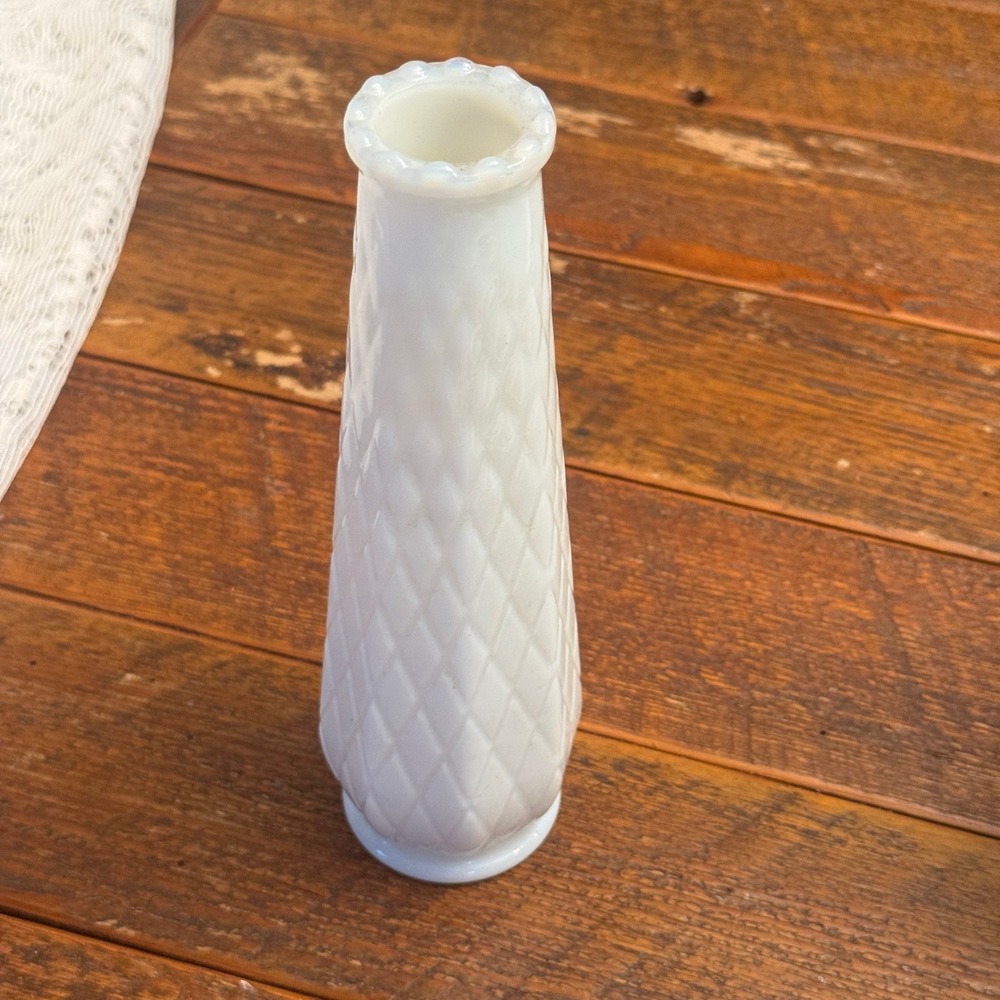 Vintage EO Brody Milk Glass Bud Vase White Diamond Quilted Scalloped Rim 8.75in